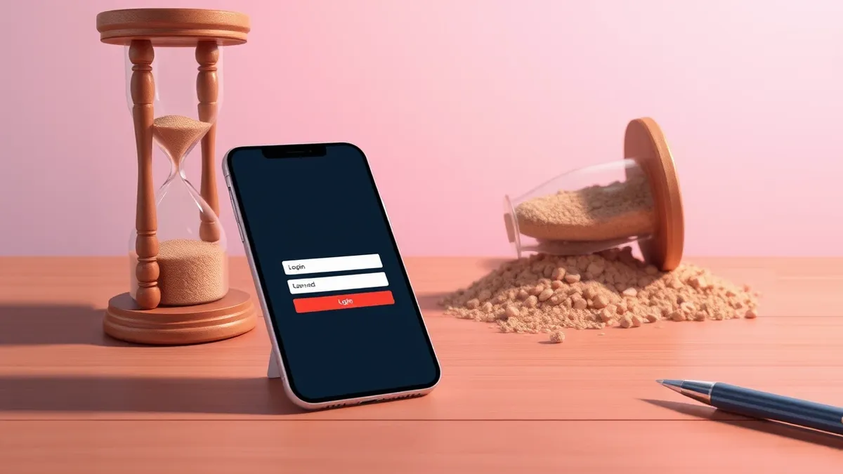 Illustration: A generic smartphone sits on a wooden desk, its screen displaying a blank login form.