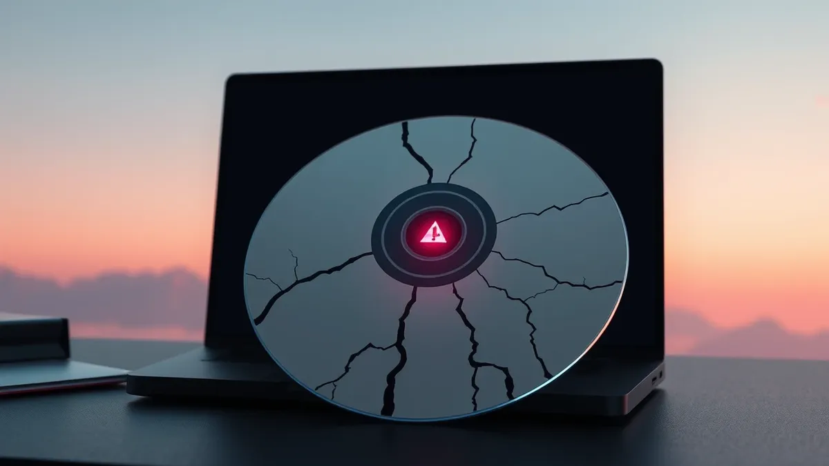 Illustration: A sleek white software installation disc rests on a dark desk, its surface cracked by jagged black veins of digital corruption.