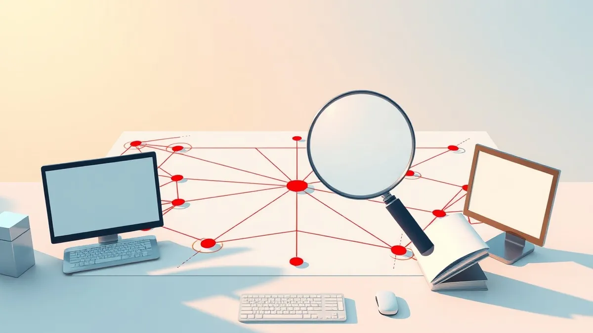 Illustration: A network diagram spreads across a desk, showing distinct zones separated by bold red lines.
