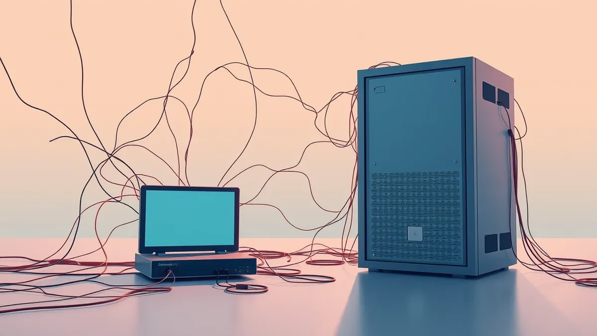 Illustration: A tangled web of glowing lines connects a small router to a large server, with several wires slipping through the mesh unnoticed.