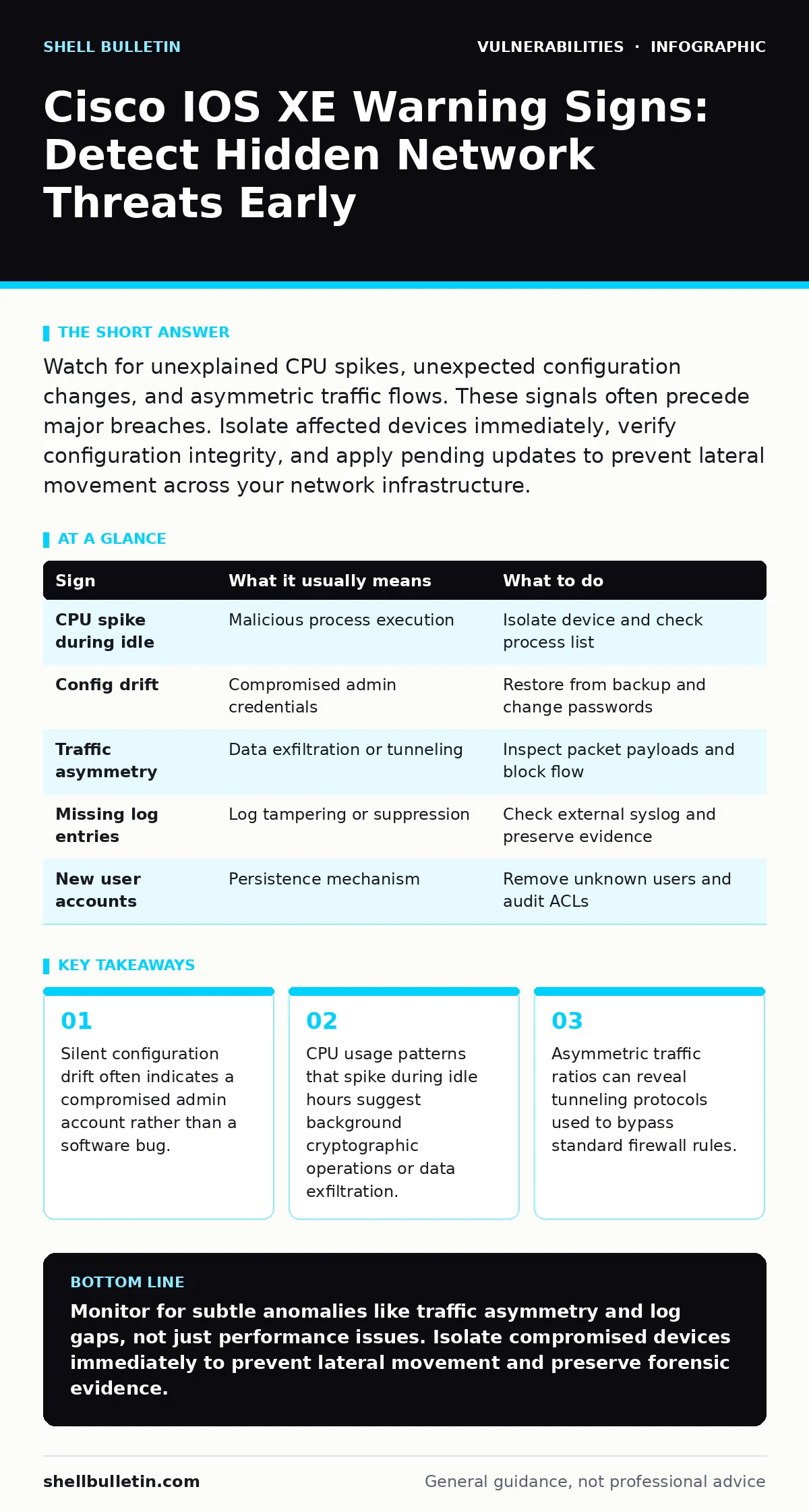 Infographic: Cisco IOS XE Warning Signs: Detect Hidden Network Threats Early. Silent configuration drift often indicates a compromised admin account rather than a software bug. CPU usage patterns that spike during idle hours suggest background cryptographic operations or data exfiltration. Asymmetri