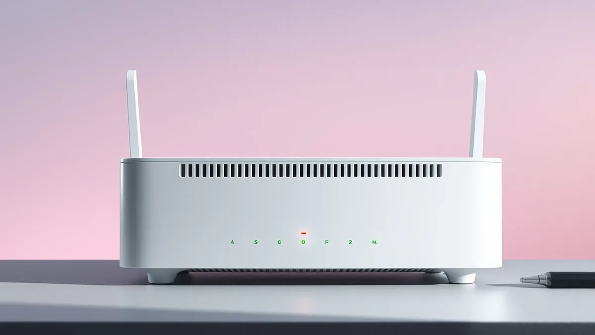 Illustration: A white network router sits on a gray desk with its front panel displaying blank status lights.