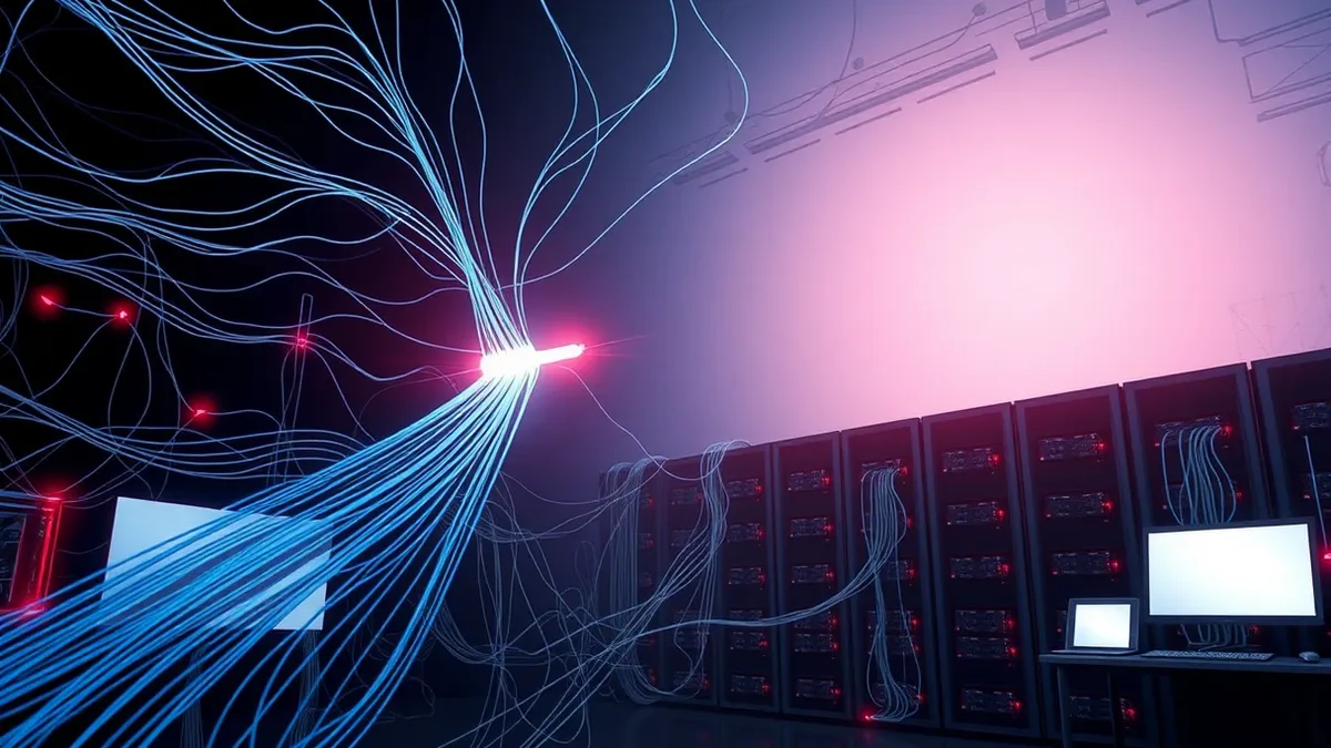 Illustration: A complex network of glowing fiber optic cables stretches across a dark room, connecting various server nodes.