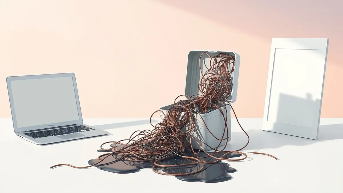 Illustration: A chaotic tangle of tangled wires spills out of a small, cracked plastic box onto a sterile white desk.