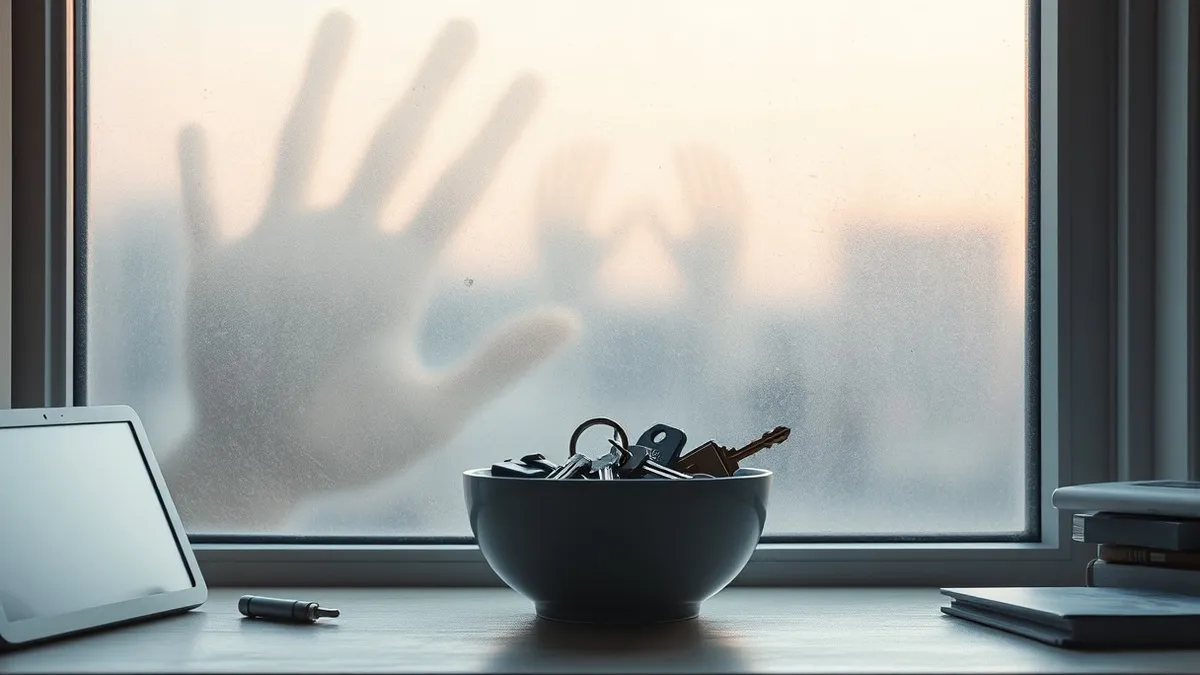 Illustration: A dusty window pane fogs over to reveal faint handprints moving across the glass.