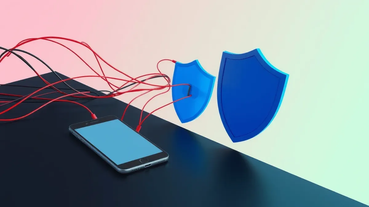 Illustration: A sleek smartphone sits on a dark desk beside a tangle of abstract network cables.