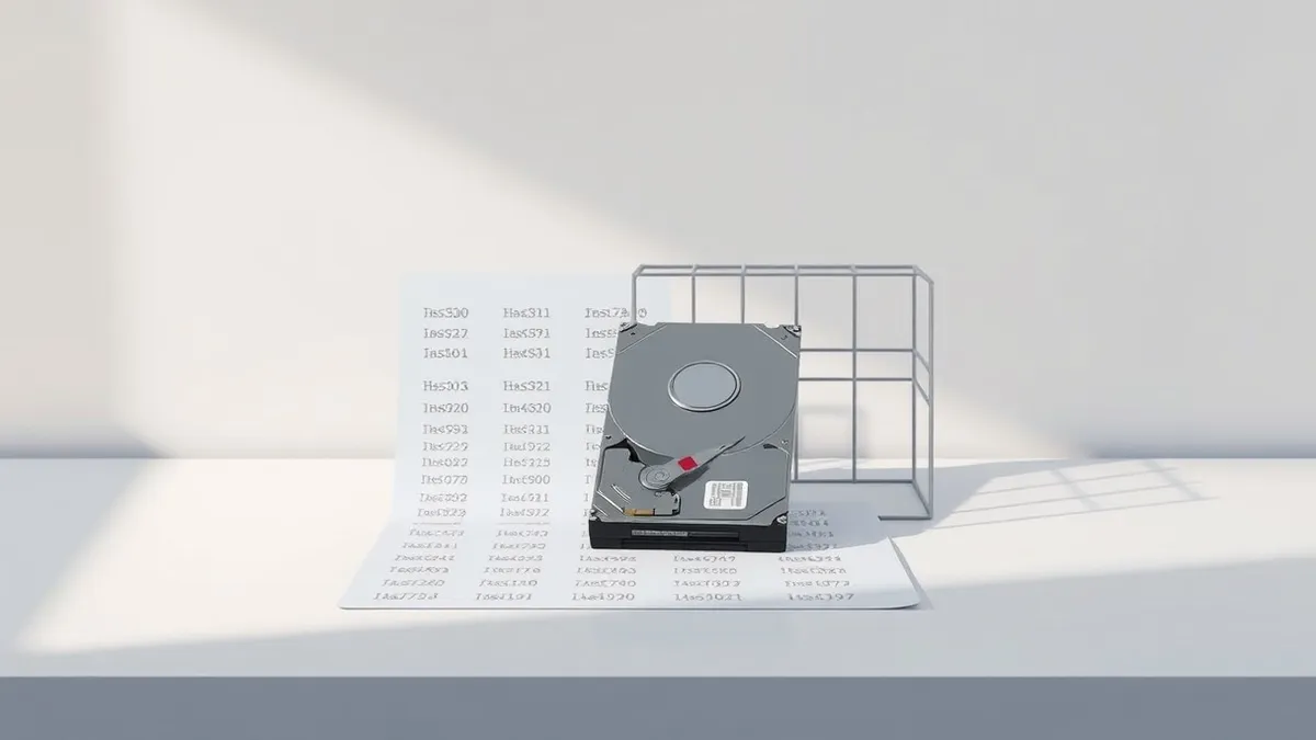 Illustration: A single hard drive sits on a clean white desk next to a printed sheet of paper covered in abstract block patterns representing file hashes.