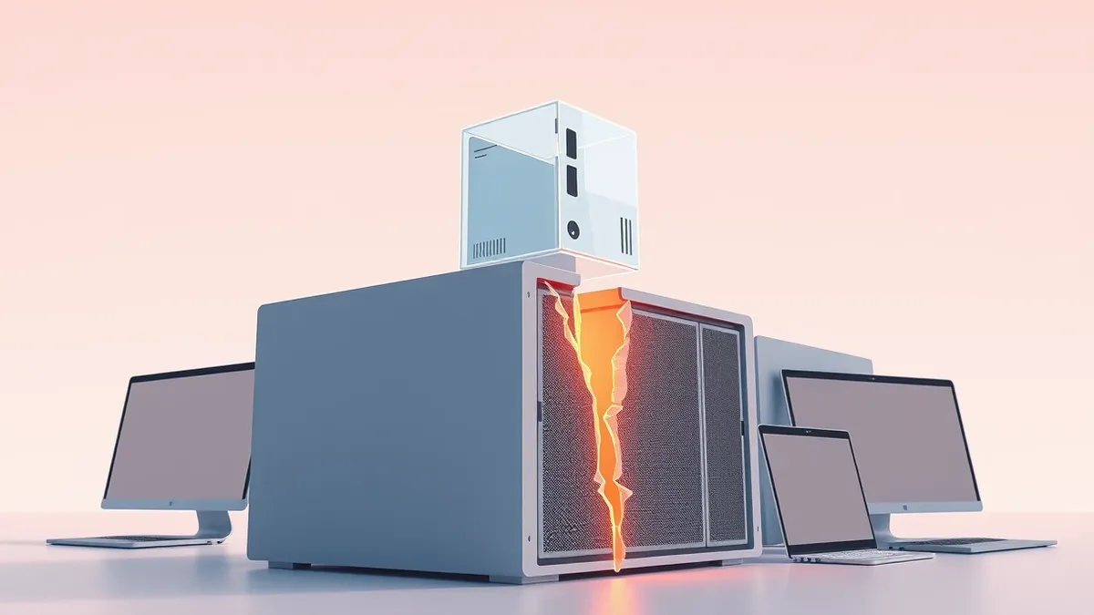 Illustration: A small, translucent cube representing a virtual machine hovers above a solid, grey server chassis.