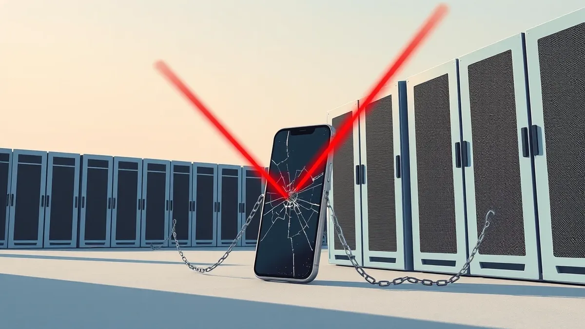 Illustration: A cracked smartphone emits jagged red beams that scan a row of blank server blades.