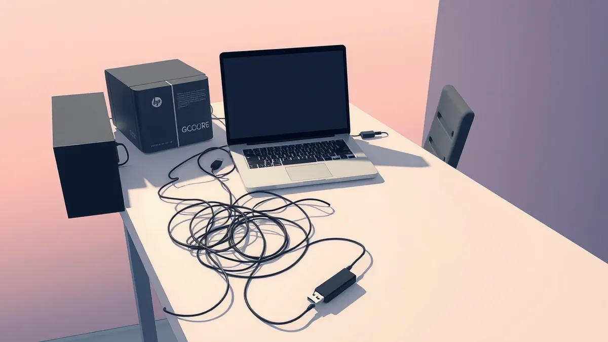 Illustration: A small office desk holds a laptop connected to a tangled mess of cables.