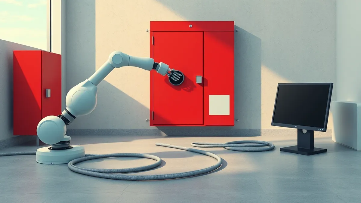 Illustration: A white robotic arm extends toward a red industrial control panel, its mechanical fingers hovering inches away from a large toggle switch.