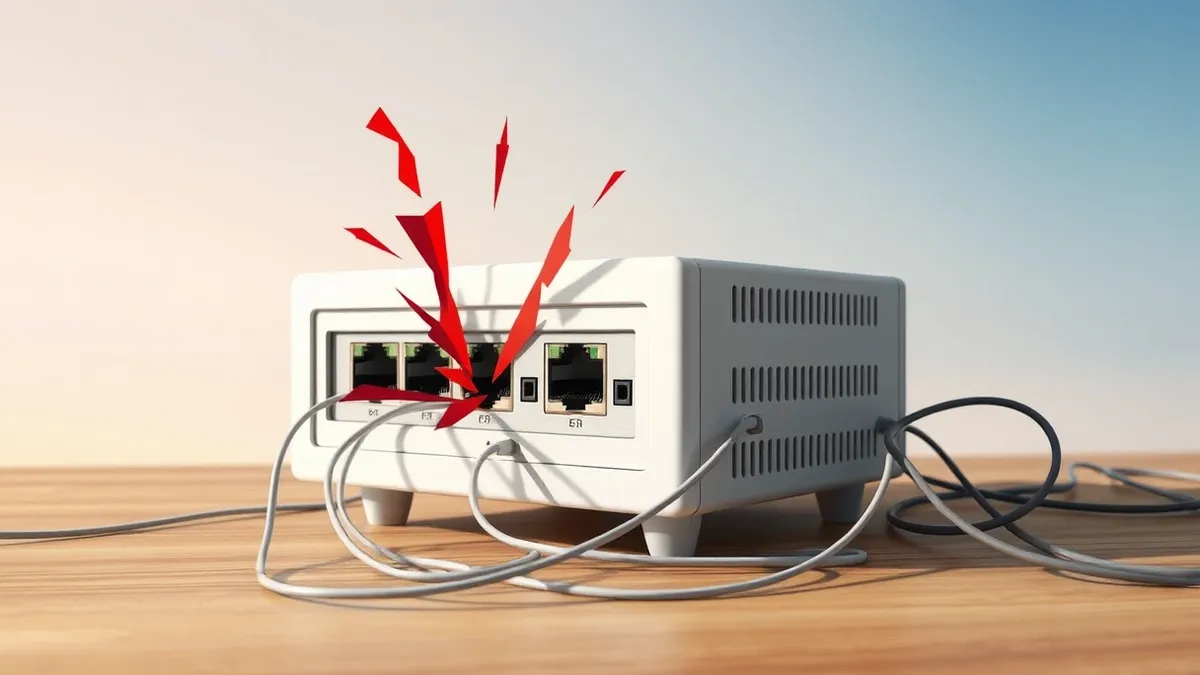 Illustration: A sleek white networking appliance sits on a wooden desk, its rear panel exposed.