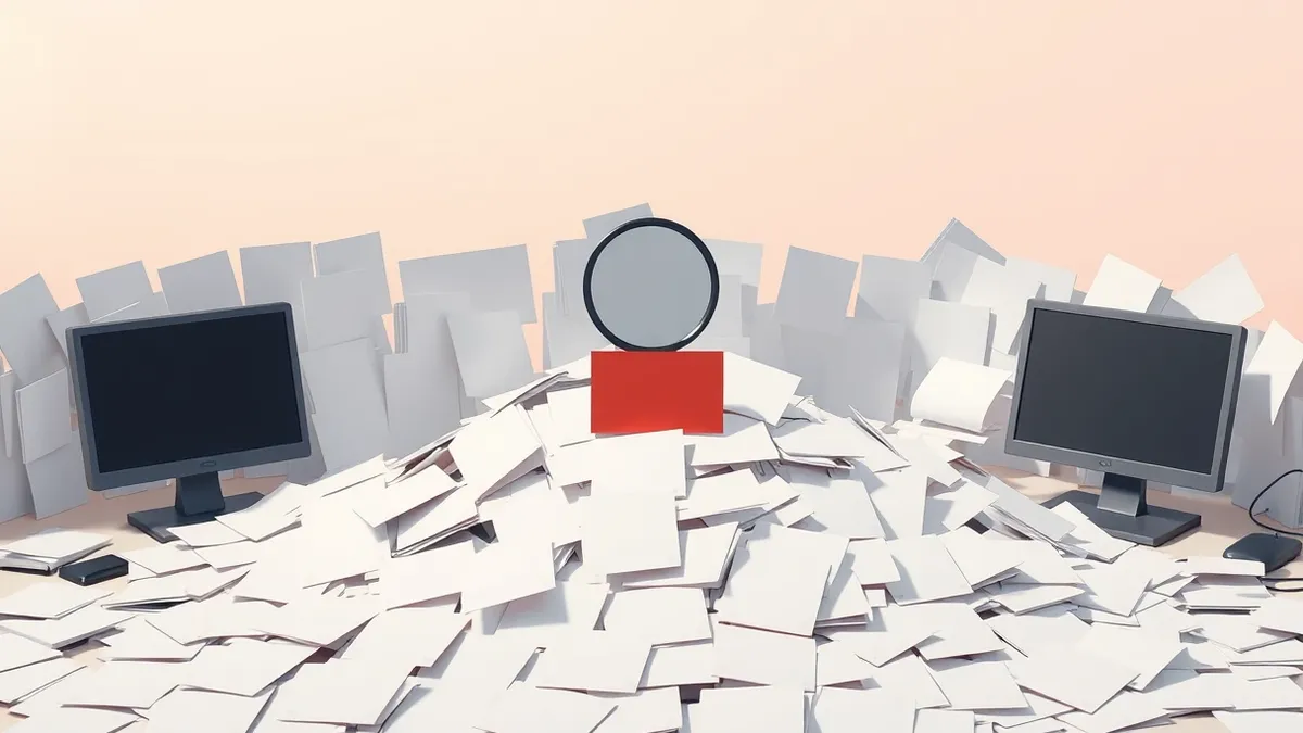 Illustration: A cluttered desk surface is covered by a chaotic pile of blank white notification cards.