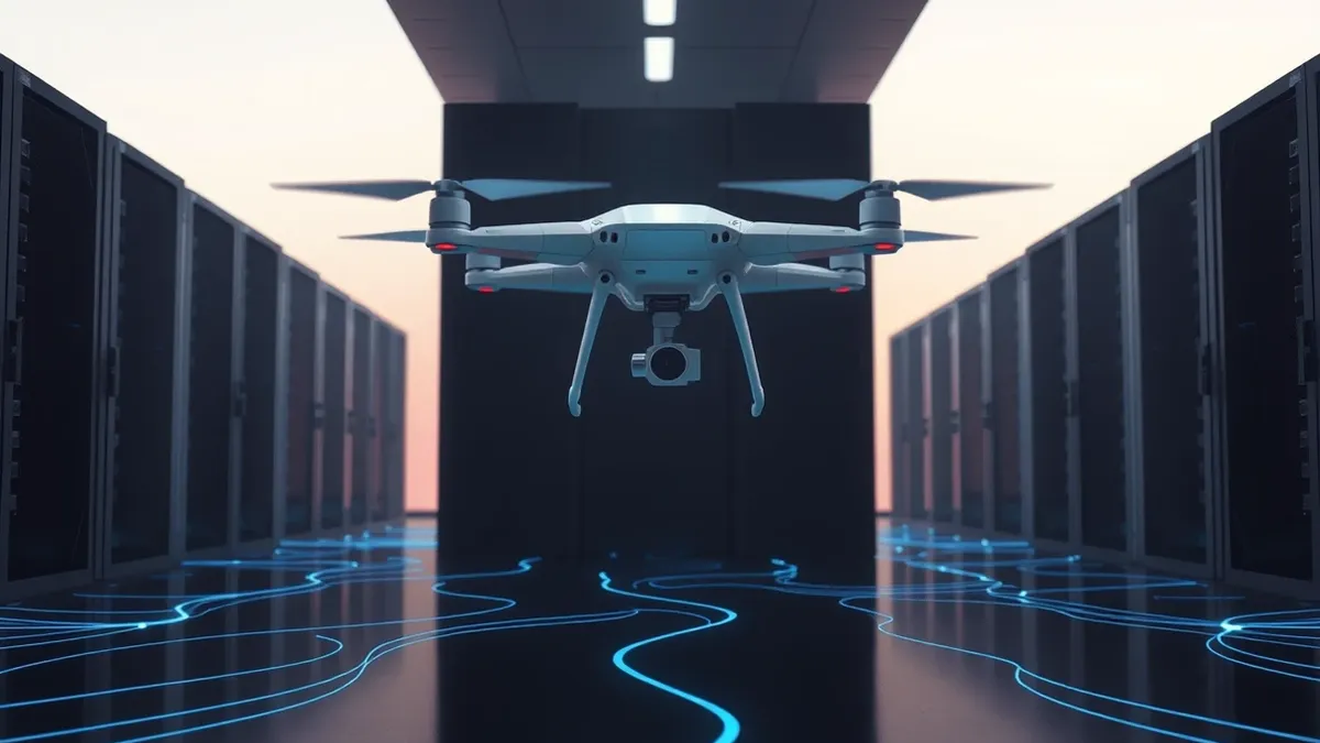 Illustration: A sleek white autonomous drone hovers silently inside a dimly lit server room, its lens glowing faintly as it scans isolated black network cabinets.