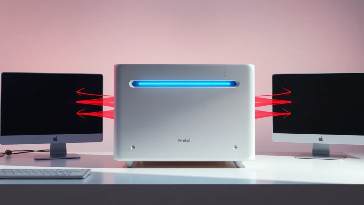 Illustration: A sleek white network firewall sits on a desk, its front panel glowing with soft blue indicator lights.
