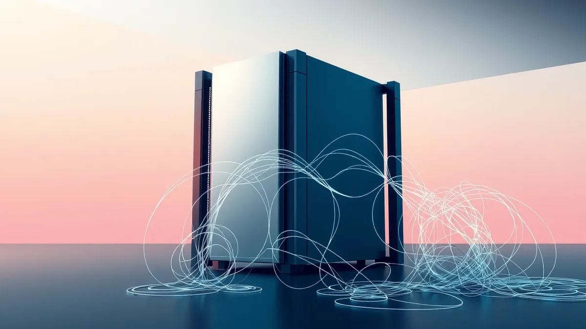 Illustration: A sleek silver server sits in a dark rack, its front panel glowing with soft blue lights.