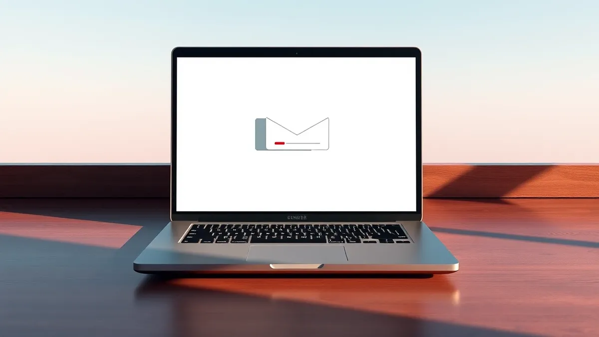 Illustration: A sleek black laptop sits on a polished wooden desk, its screen displaying a single blank email window with a generic envelope icon.