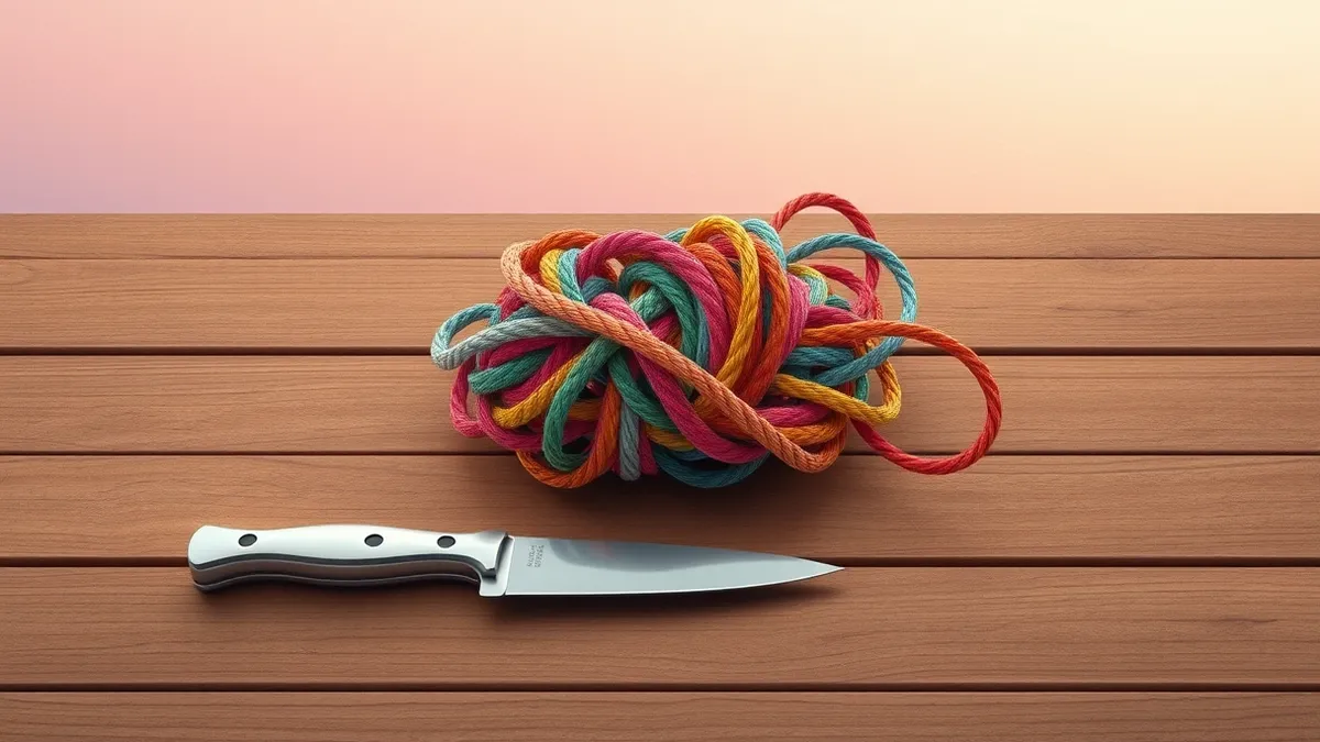 Illustration: A tangle of colorful ropes forms a complex knot on a wooden surface.