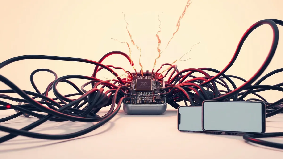 Illustration: A tangled nest of black cables pulses with erratic red light as they connect to a small, open circuit board.