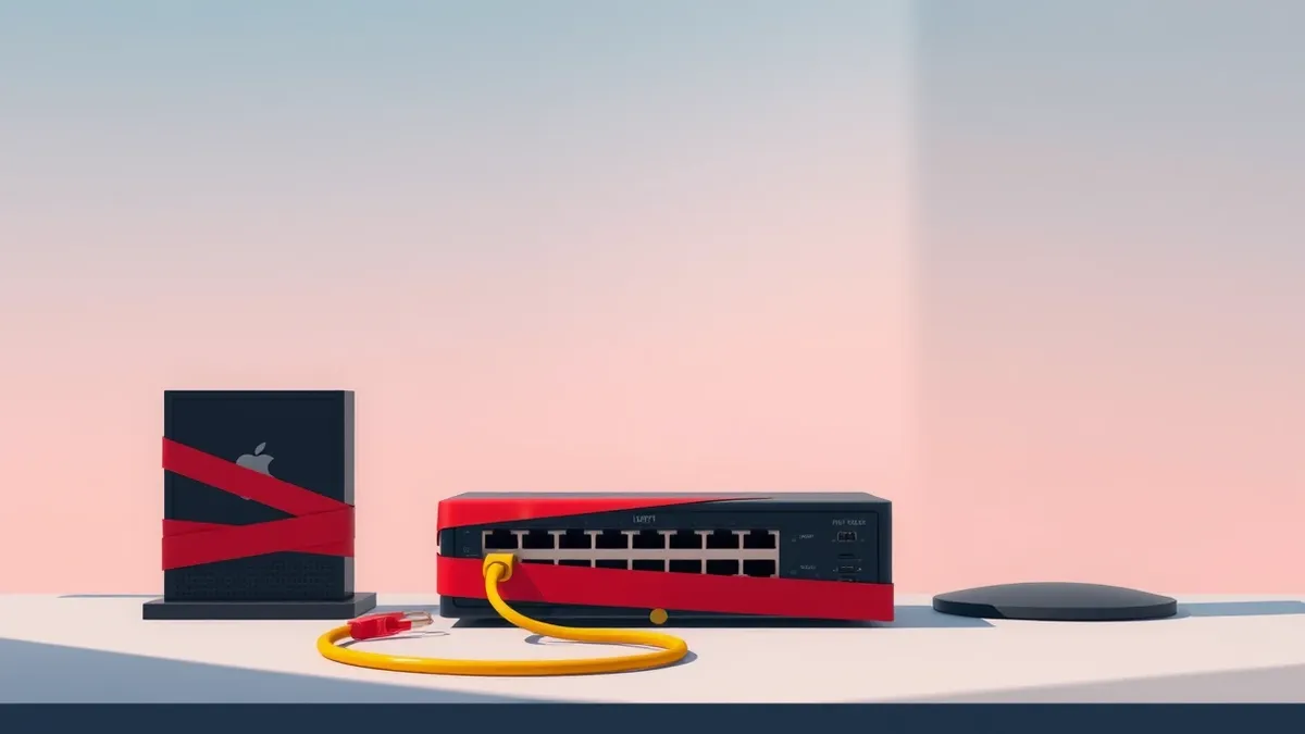 Illustration: A black network firewall sits isolated on a desk, surrounded by red tape that seals its ethernet ports.