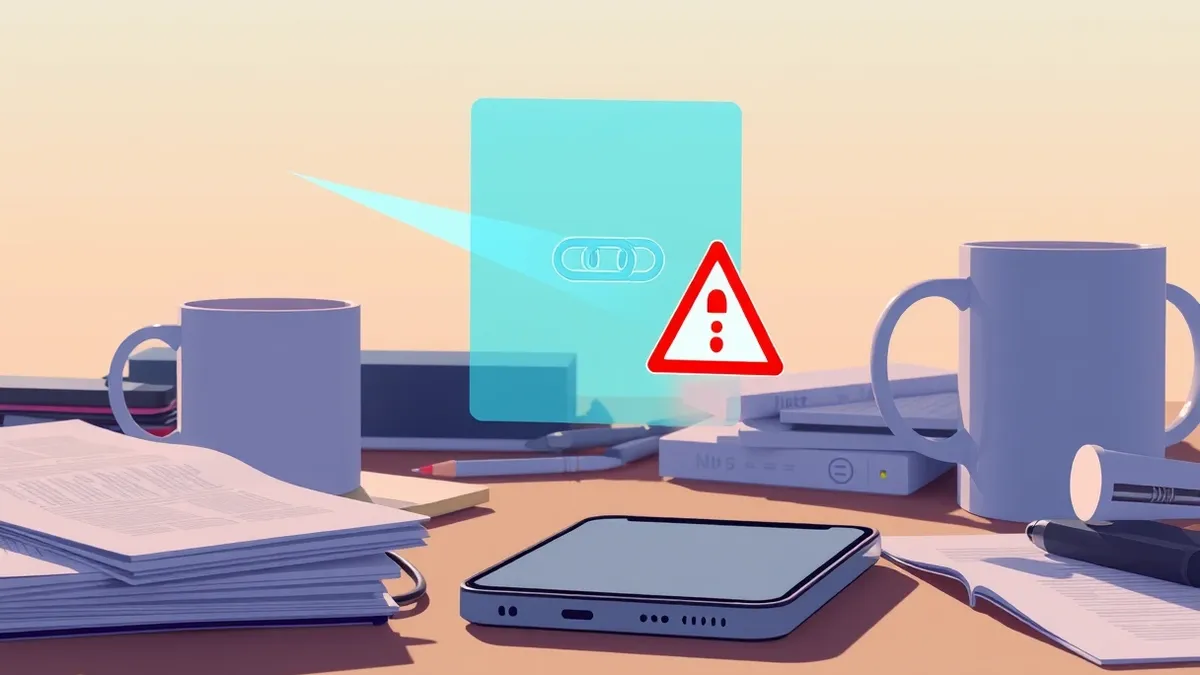 Illustration: A smartphone sits on a cluttered desk beside a coffee mug.