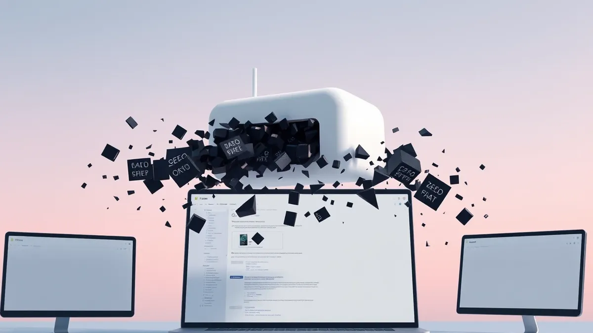 Illustration: A sleek white chatbot widget floats above a generic software application interface, its smooth surface fracturing into jagged, dark shards that spill raw data streams