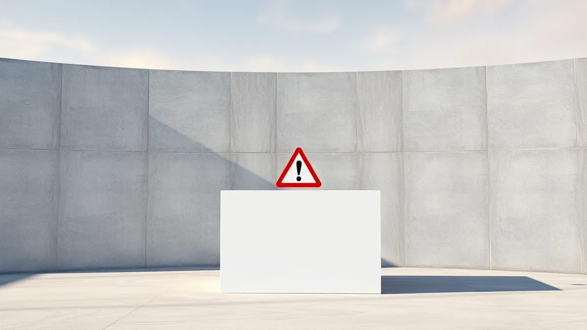 Illustration: A large red warning badge sits on a pristine, blank white box that remains untouched behind a thick concrete wall.