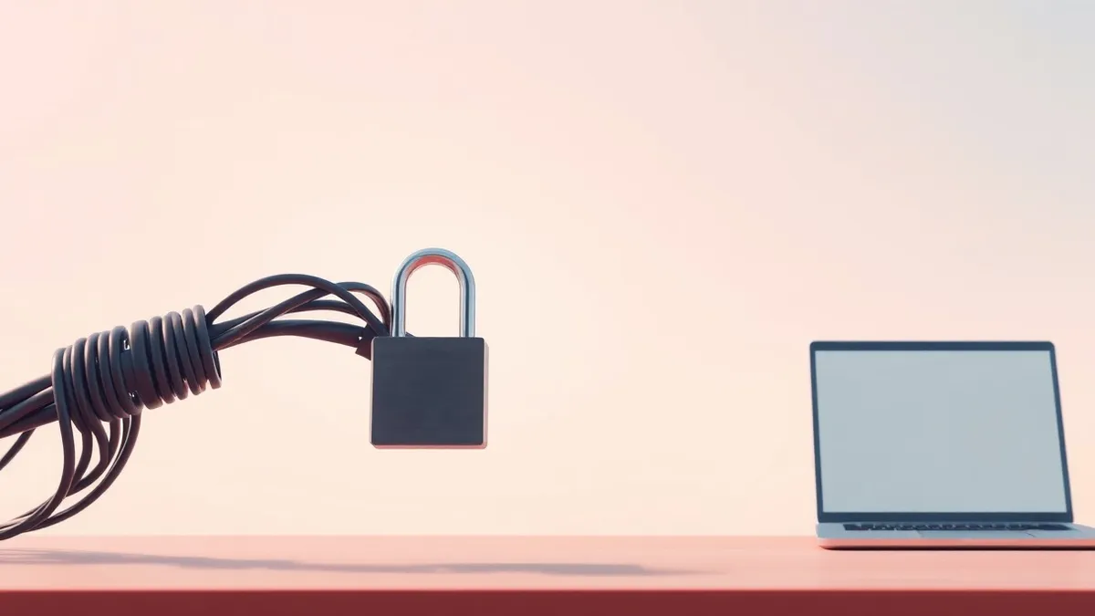Illustration: A small electronic padlock snaps shut on a physical network cable connector.
