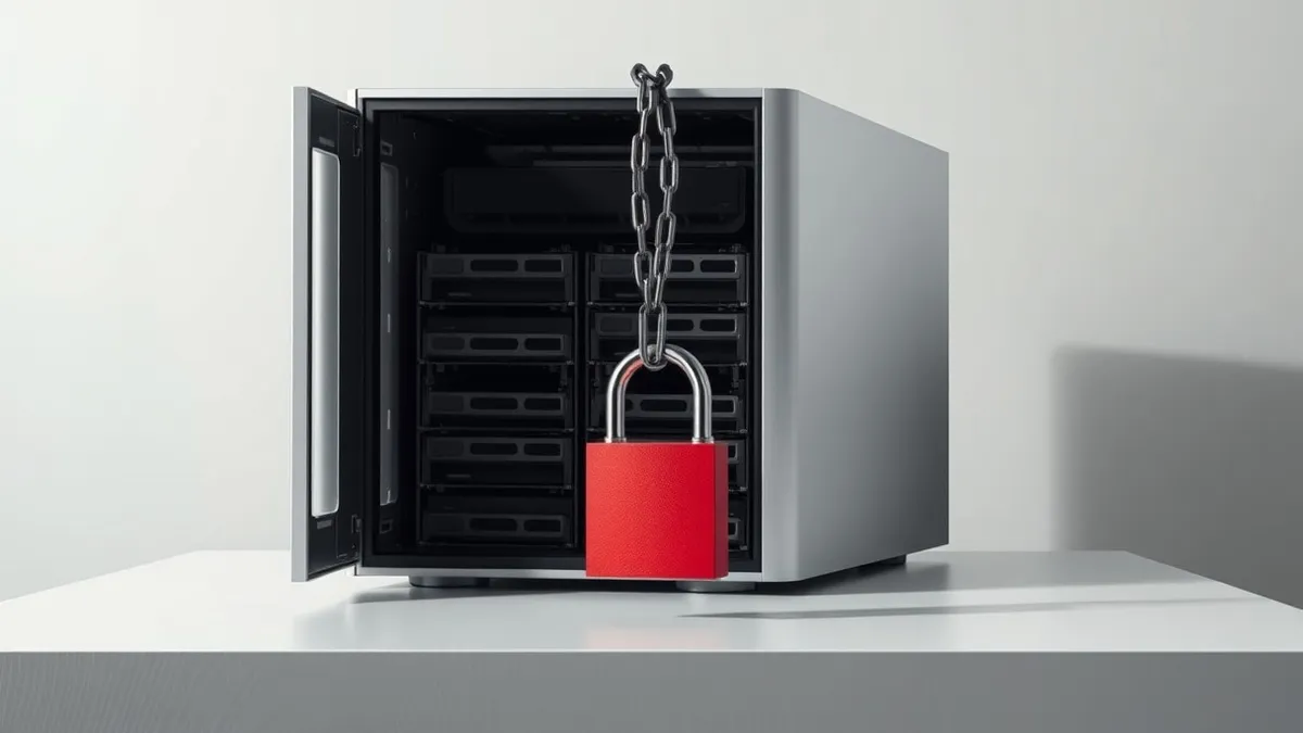 Illustration: A silver cloud storage server sits on a plain table with its side panel swung open.