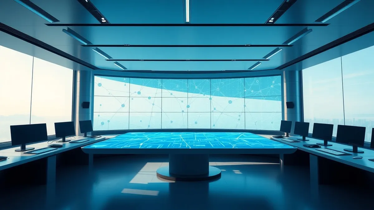 Illustration: A sleek, modern control room features a large central display table showing interconnected nodes and flowing lines of data in soft blue hues.