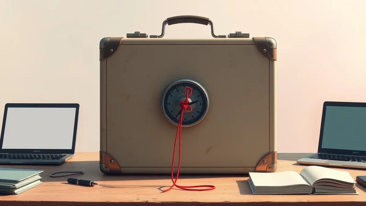 Illustration: A locked briefcase sits on a dusty desk, its combination dial scratched and broken, yet the metal latch remains firmly shut.