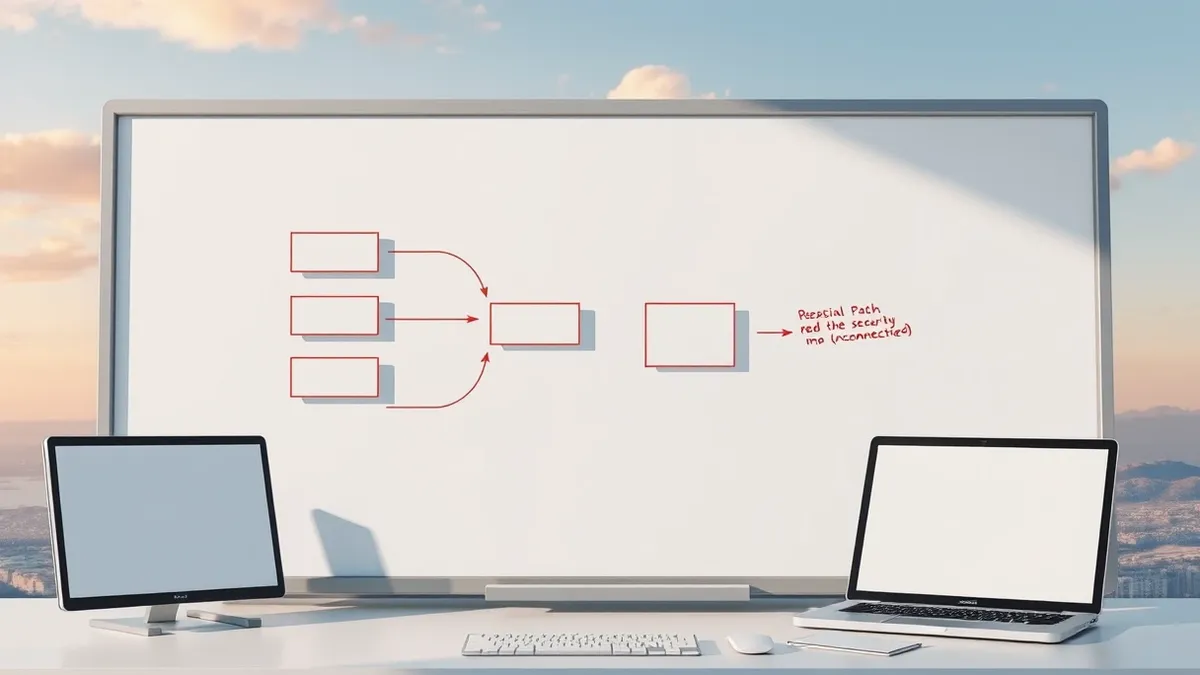 Illustration: A whiteboard displays a complex flowchart with arrows connecting blank rectangular boxes.