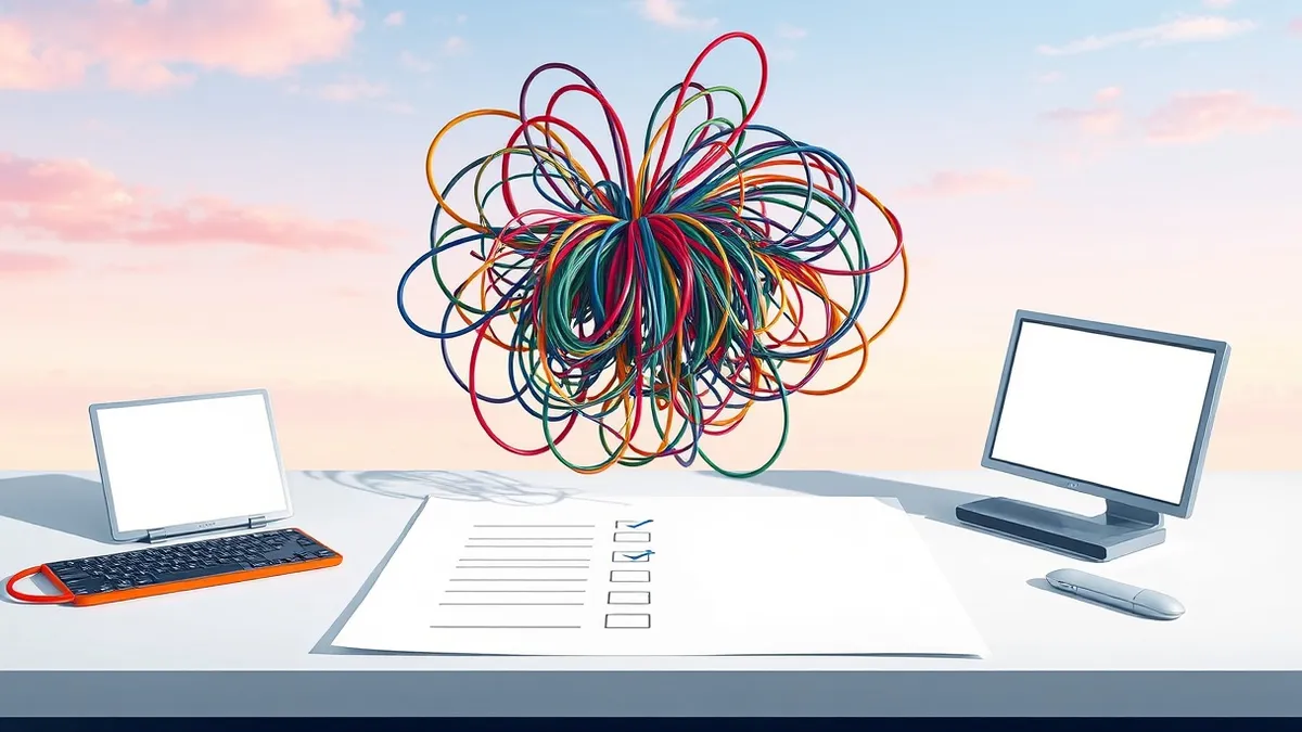 Illustration: A tangled knot of thick, colorful cables emerges from a sleek, silver automation server box.
