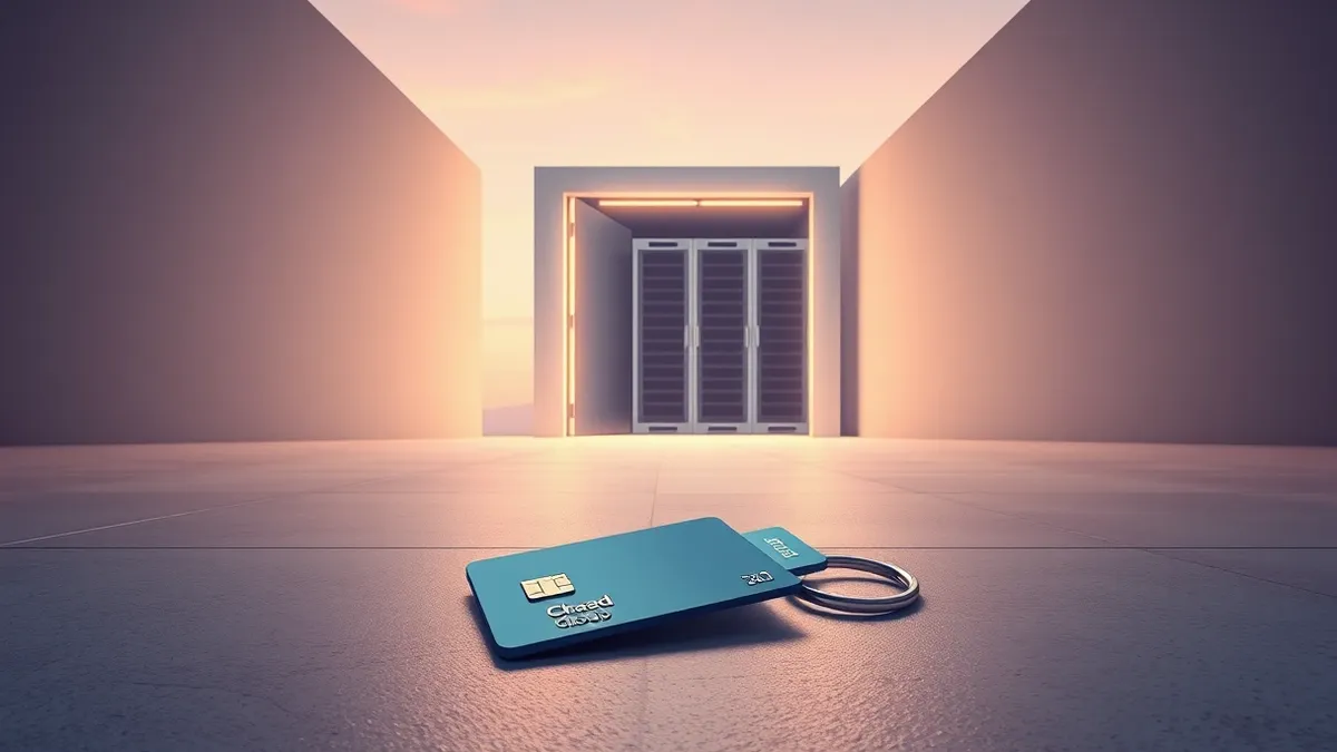Illustration: A digital keycard lies discarded on a concrete floor next to a glowing, open cloud gateway.