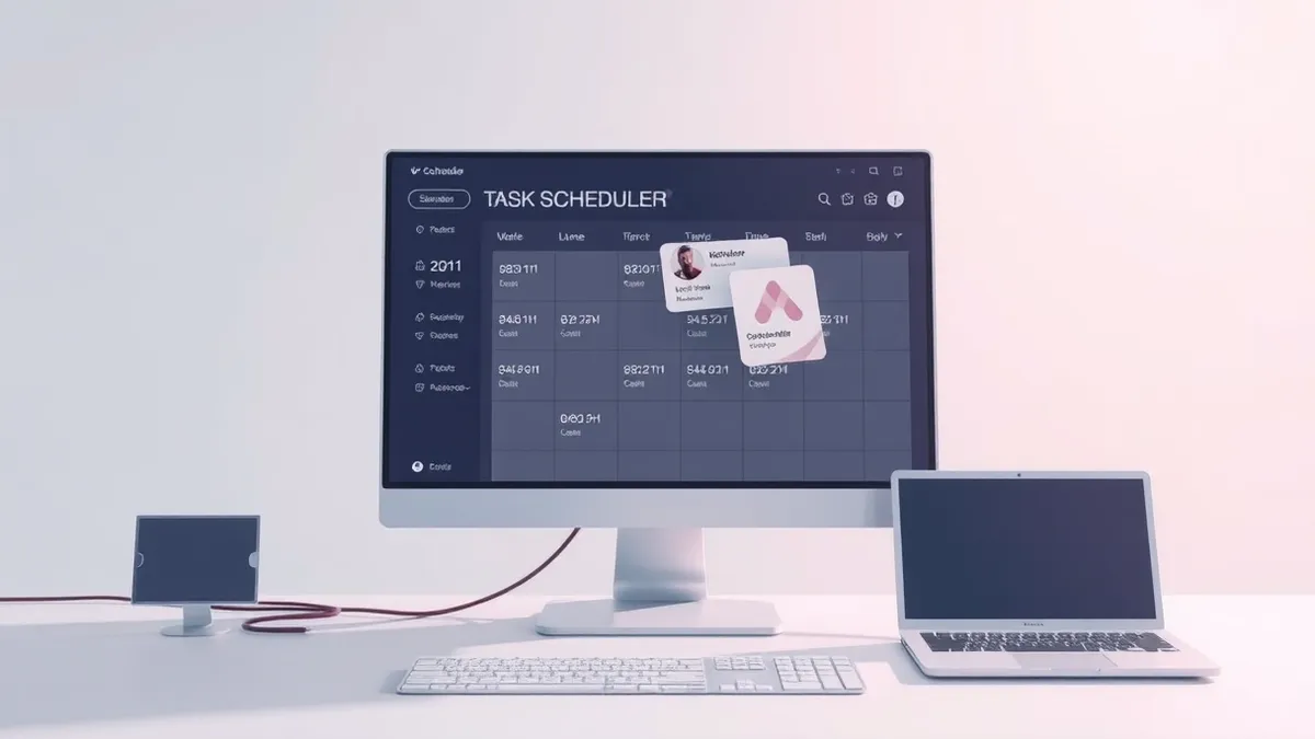 Illustration: A sleek task scheduler interface sits on a blank monitor, with a single corrupted profile card drifting away from the dashboard like a rogue sticker.