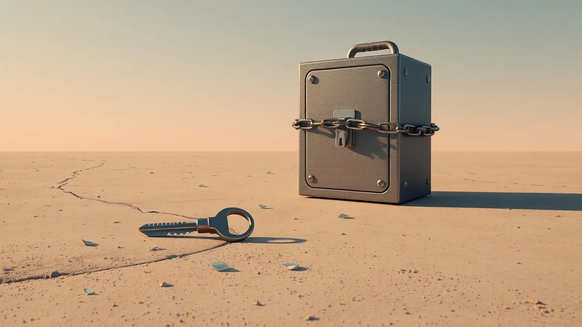 Illustration: A single digital key lies cracked on a dusty floor, surrounded by scattered shards of broken glass.