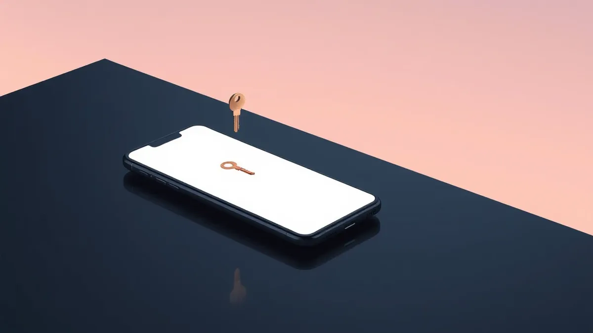Illustration: A sleek smartphone rests on a dark surface, its screen glowing with a single, elegant key icon that floats untethered above the device.