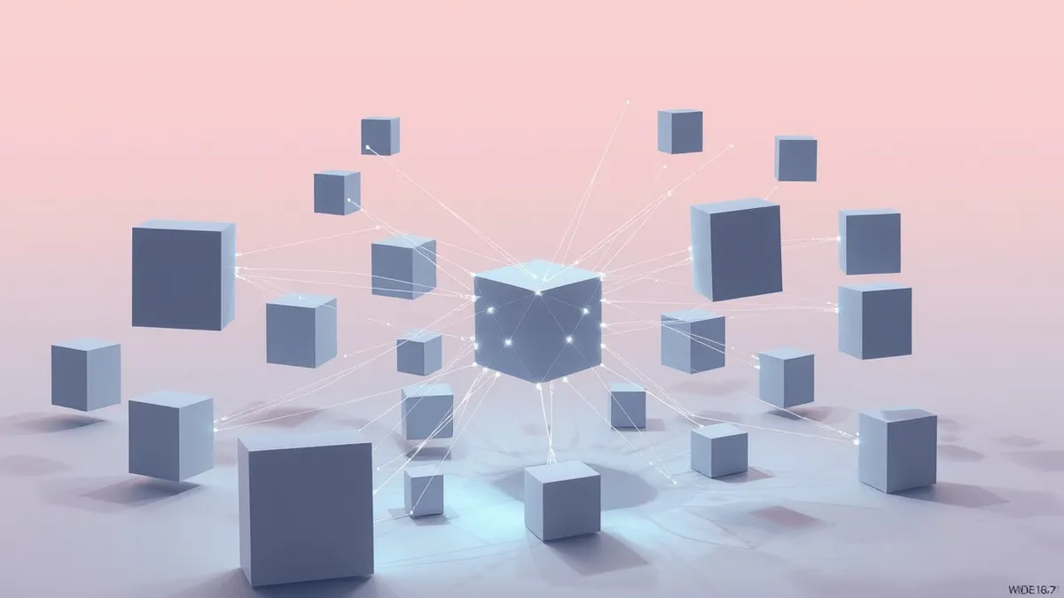 Illustration: A translucent network of glowing threads weaves through scattered floating cubes, binding them into a single cohesive structure.