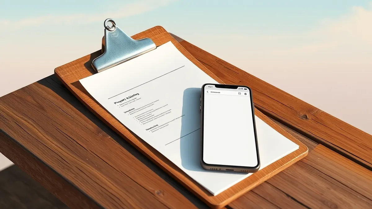 Illustration: A weathered wooden clipboard with a blank property listing sheet lies on a rustic cafe table beside a modern smartphone.