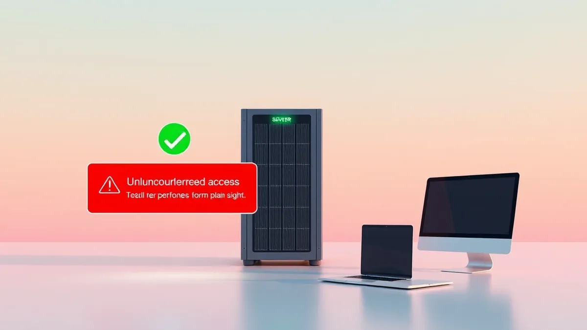 Illustration: A server returns a bright green success checkmark while a red unauthorized access warning floats harmlessly above it.