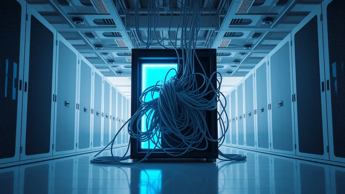 Illustration: A sleek server blade emits a soft blue glow inside a sterile data center.